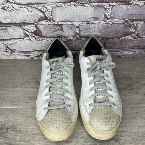 P448 John  Kale Bia White Leather Grey Lace Up Sneakers Women’s Sz 42EU/11M US - Picture 1 of 15